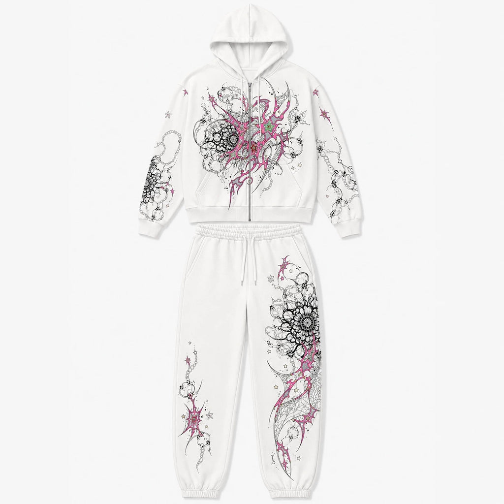 Print Hooded Zipper Sweatshirt